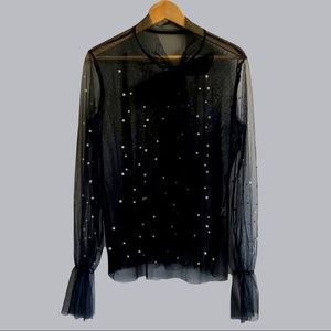 Black Mesh Blouse with Bow and Pearl Detailing